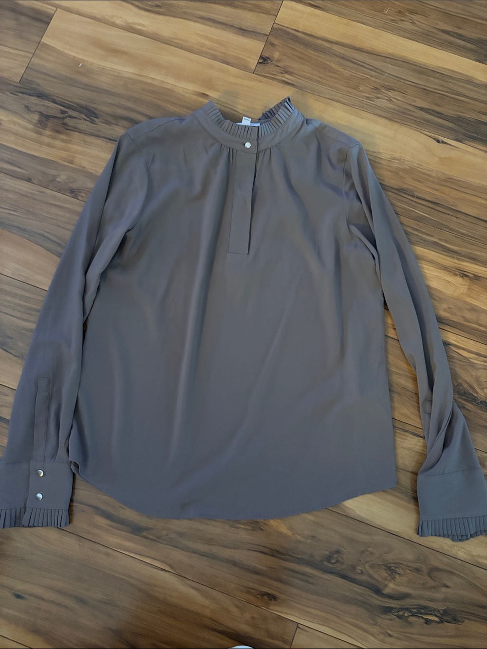Calvin Klein Taupe Pleated Mock-Collar Long-Sleeve Shirt